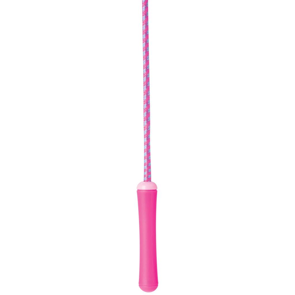 A pink variant of the jump rope with blue squares spaced out along it.