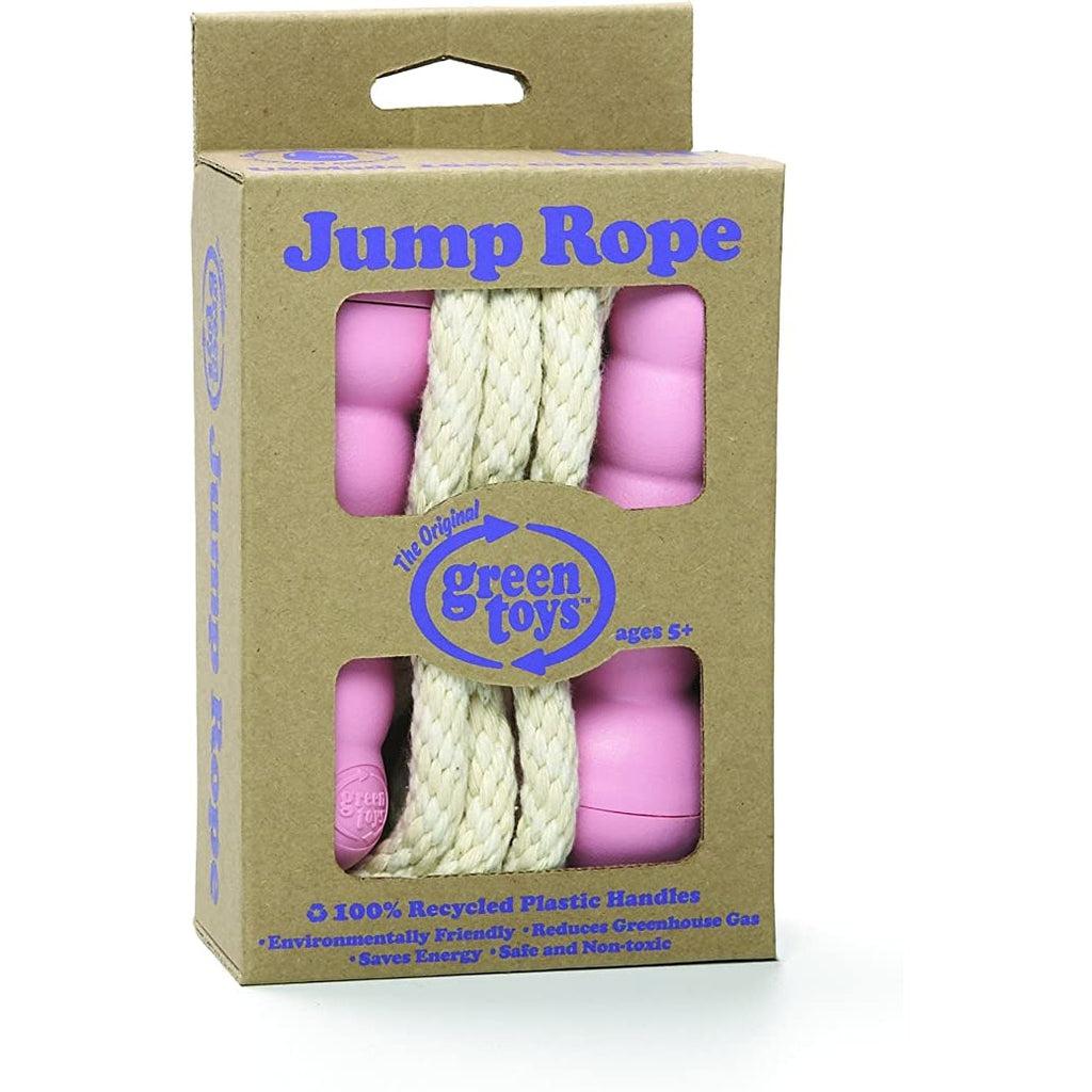 Cardboard box contains the jump rope, the rope has pink plastic handles and a normal yellow/white rope, The box mentions the handles are made of recycled plastic.