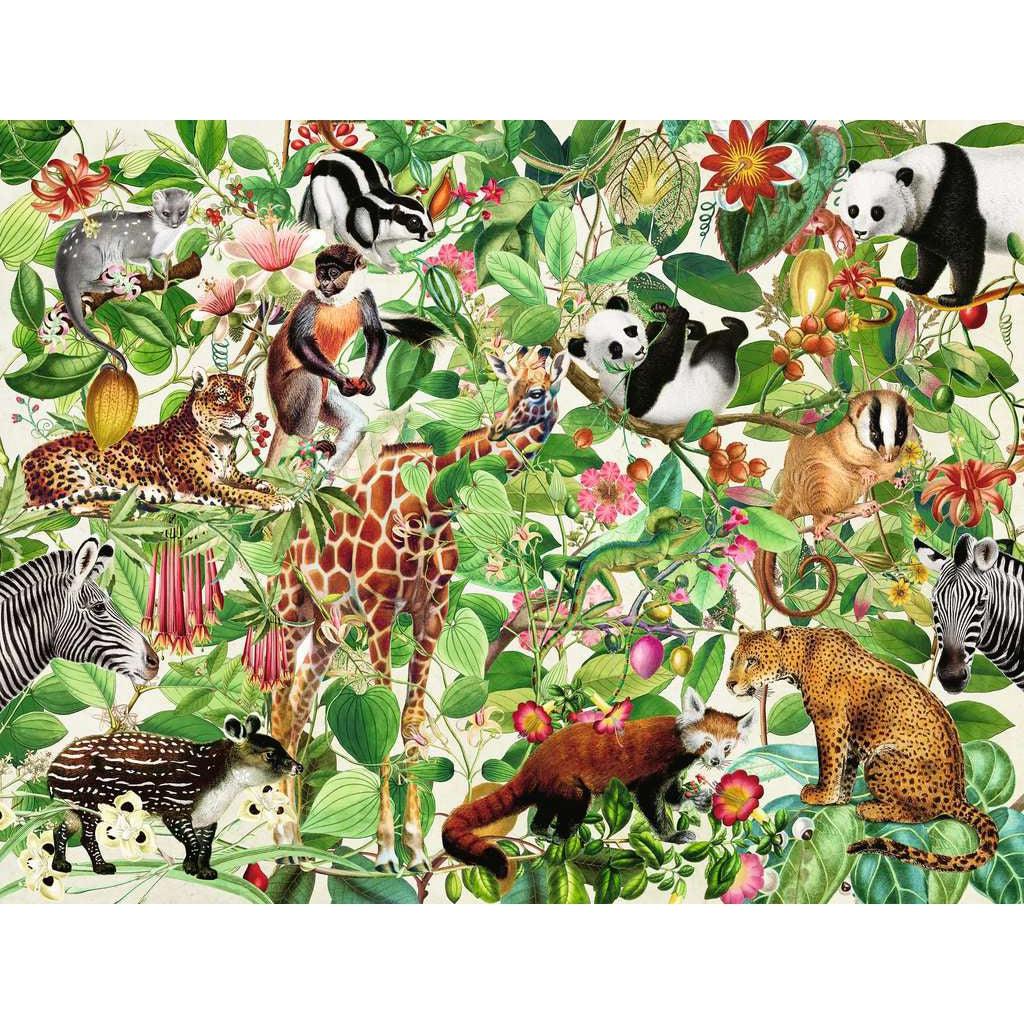 Puzzle is a picture of all sorts of different jungle animals among the  leaves and vines. There are pandas, leopards, zebras, giraffes, and monkeys! There are also various flowers and fruits hanging from the branches.