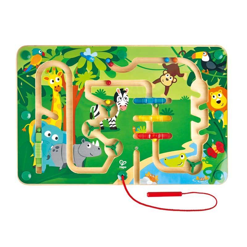 Image of the Jungle Maze toy. The toy is a wooden board with a clear plastic top. Inside are tracks for a marble to run through. You can guide the balls through the maze with a magnetic wand.