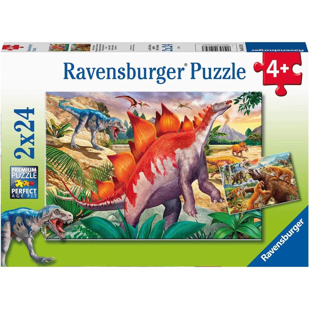 Puzzle box | Large image shows stegosaurus reaching for leaves. | Small image shows saber tooth tigers attacking a large mammal. | 2 individual puzzles, 24pcs each.