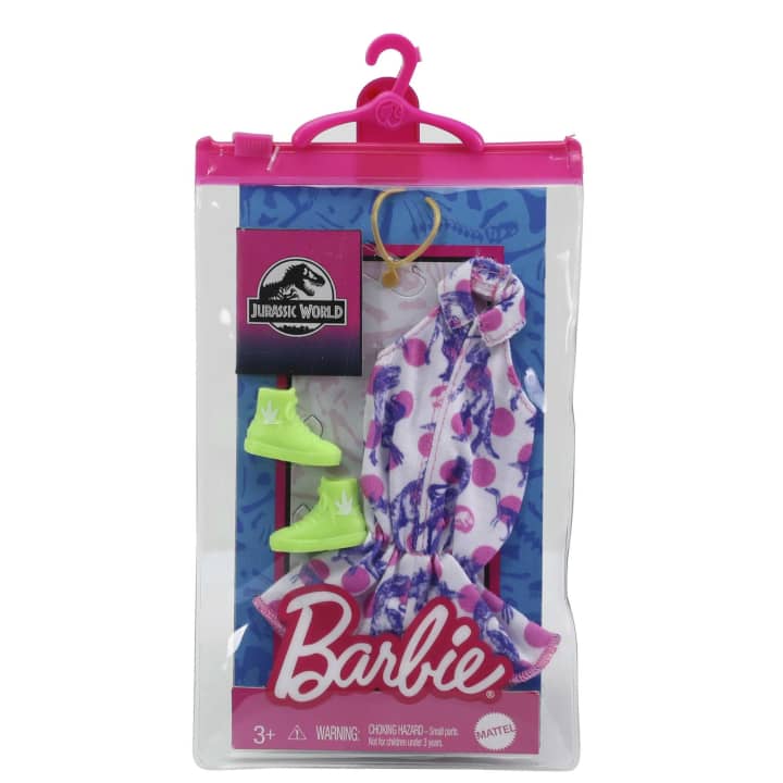 Second pack contains a white sleeveless dress with pink polka dots and blue t-rex's, a gold necklace, and a pair of neon green high top shoes