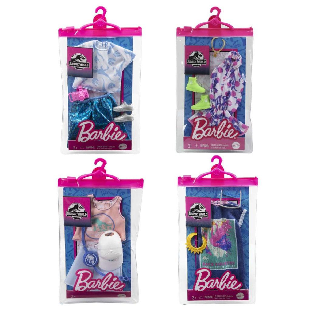 4 Packs of barbie clothes are shown in a 2 by 2 grid. Each has a barbie and a jurassic world logo, and a tiny pink hanger on the top where there is also a zip closure on each bag.