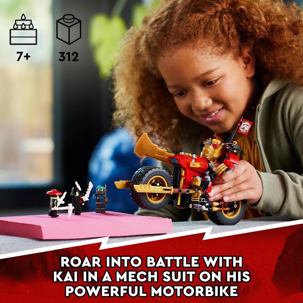 A girl is shown playing with the mech and motorcycle, moving it along a table towards the other minifigures from the set. Image reads: Roar into battle with kai in a mech suit on his powerful motorbike.