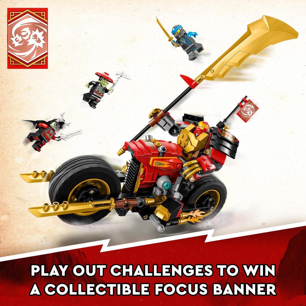 Image shows the mech on the bike with blur lines to indicate motion behind it and the skeletons jumping towards the bike. Image reads: Play out challenges to win a collectible focus banner.