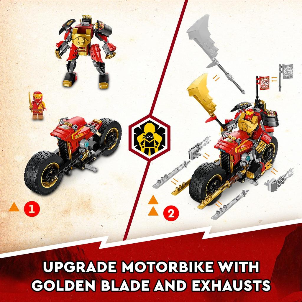 Image shows red ninja, the mech, and the bike all seperate on the left, and on the right the ninja in the mech that's on the bike. Image reads: Upgrade motorbike with golden blade and exhausts.