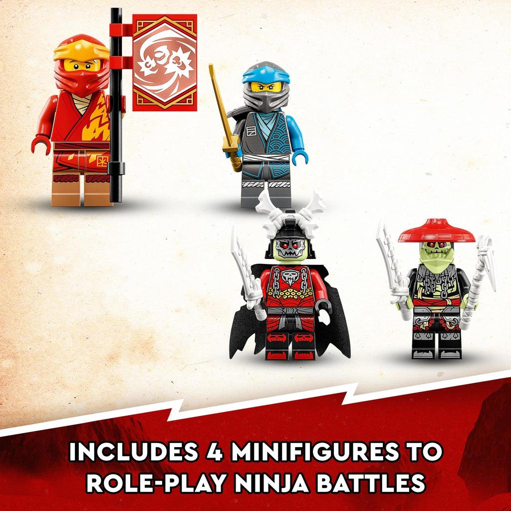 the 4 minifigures are shown, the red and blue ninjas as well as two bone warriors, one with a bone samurai helmet and a sword and the other with a sword and scythe. Image reads: Includes 4 minifigures to role-play ninja battles