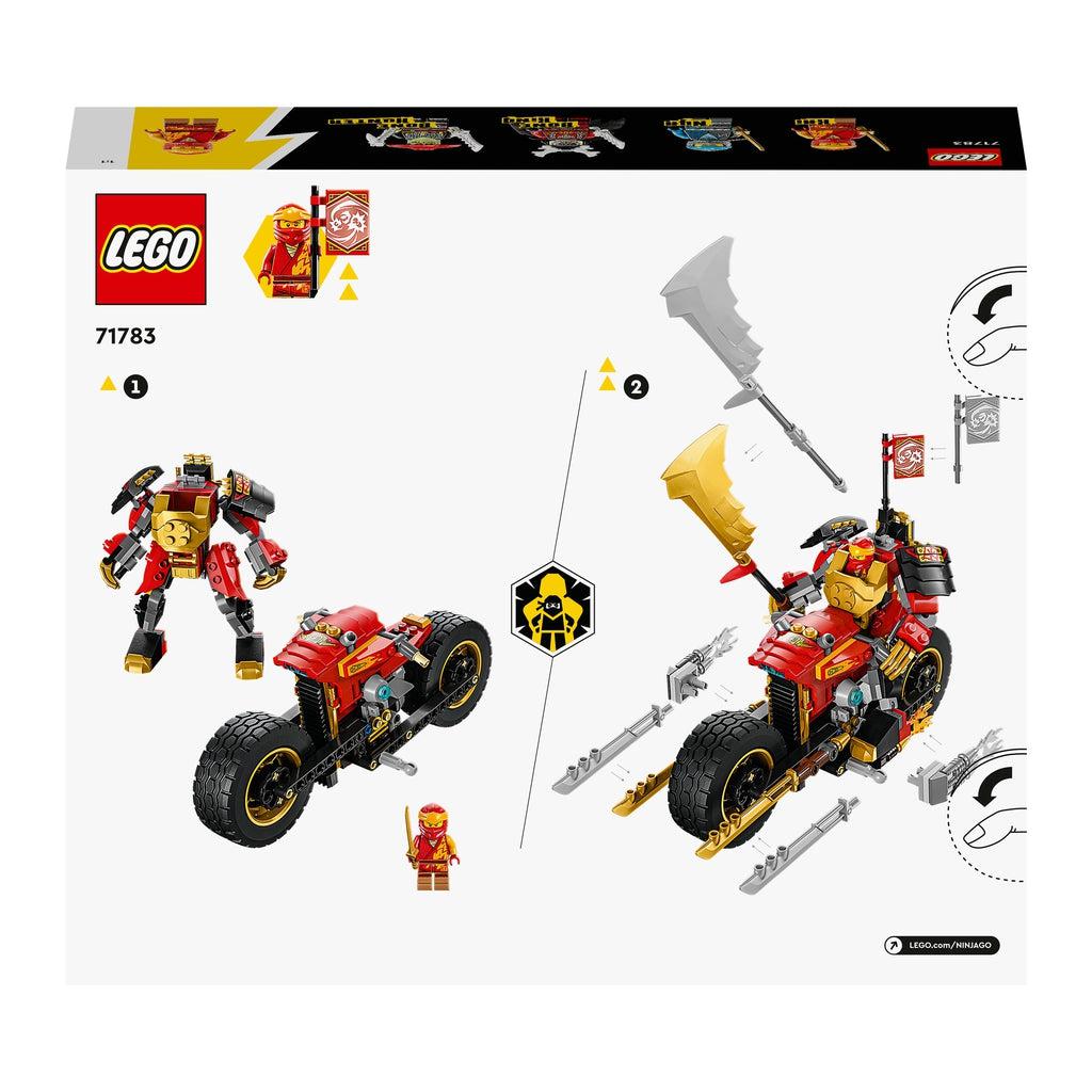 The back of the box shows the fifth image, with the mech ninja and bike seperate on the left and the ninja riding the mech that's on the bike on the right.