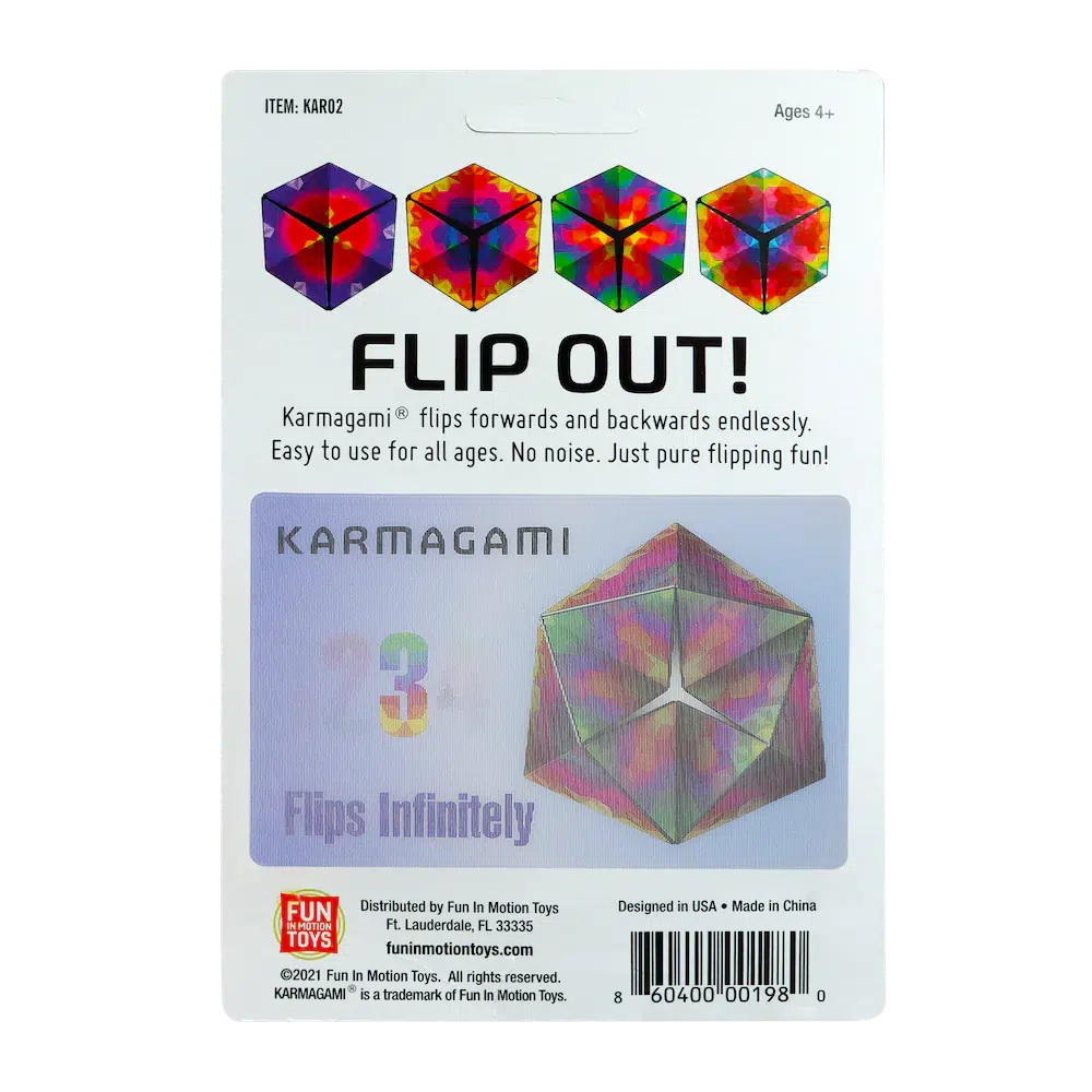 this image shows the back of the box, showing how to flip the karmagami forwards or backwards for fun times