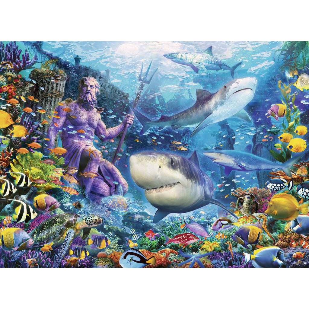 Image of puzzle | Underwater sea scene | Purple toned man, Triton, holding a trident sits on coral reef surrounded by fish and sharks | two sharks appear to be swimming toward viewer