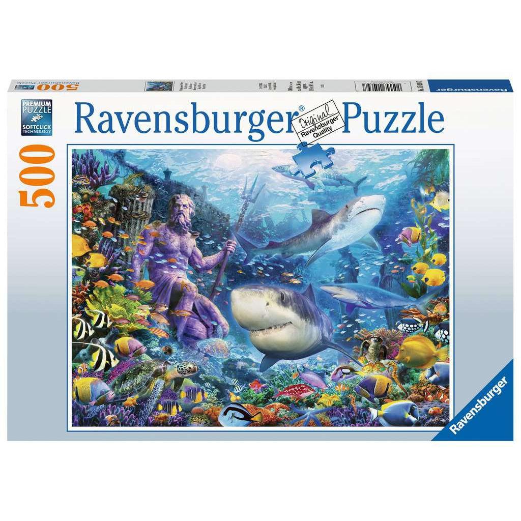 Ravensburger puzzle box | Image underwater sea setting with sharks, fish, and man, Triton| 500pcs
