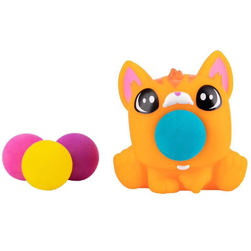 Up close shot of the Kitty PeeWee Popper and the 4 foam balls it comes with. The kitty is orange with dark orange stripes and the balls are all different colors (blue, purple, pink, and yellow.)