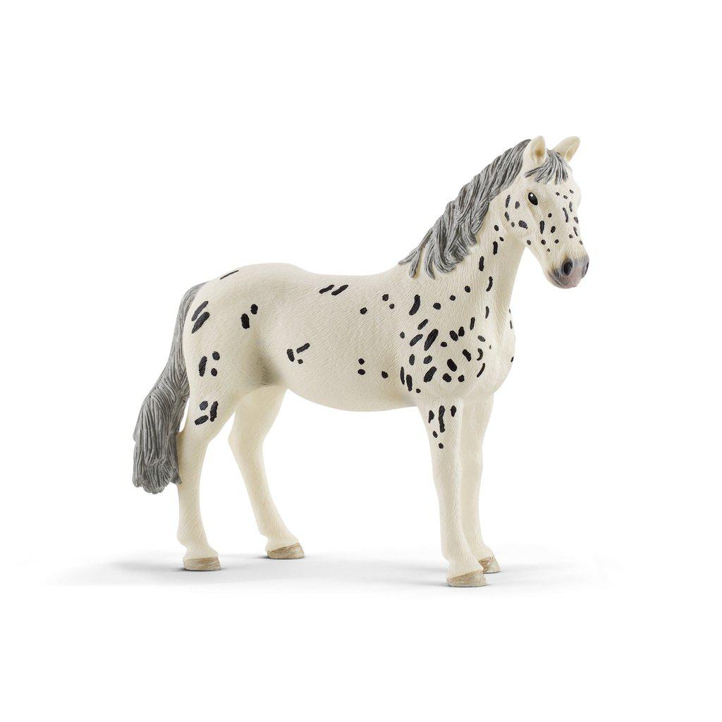Image of the Knabstrupper Mare figurine. It is a white horse with many small black spots. It has a grey mane and tail.