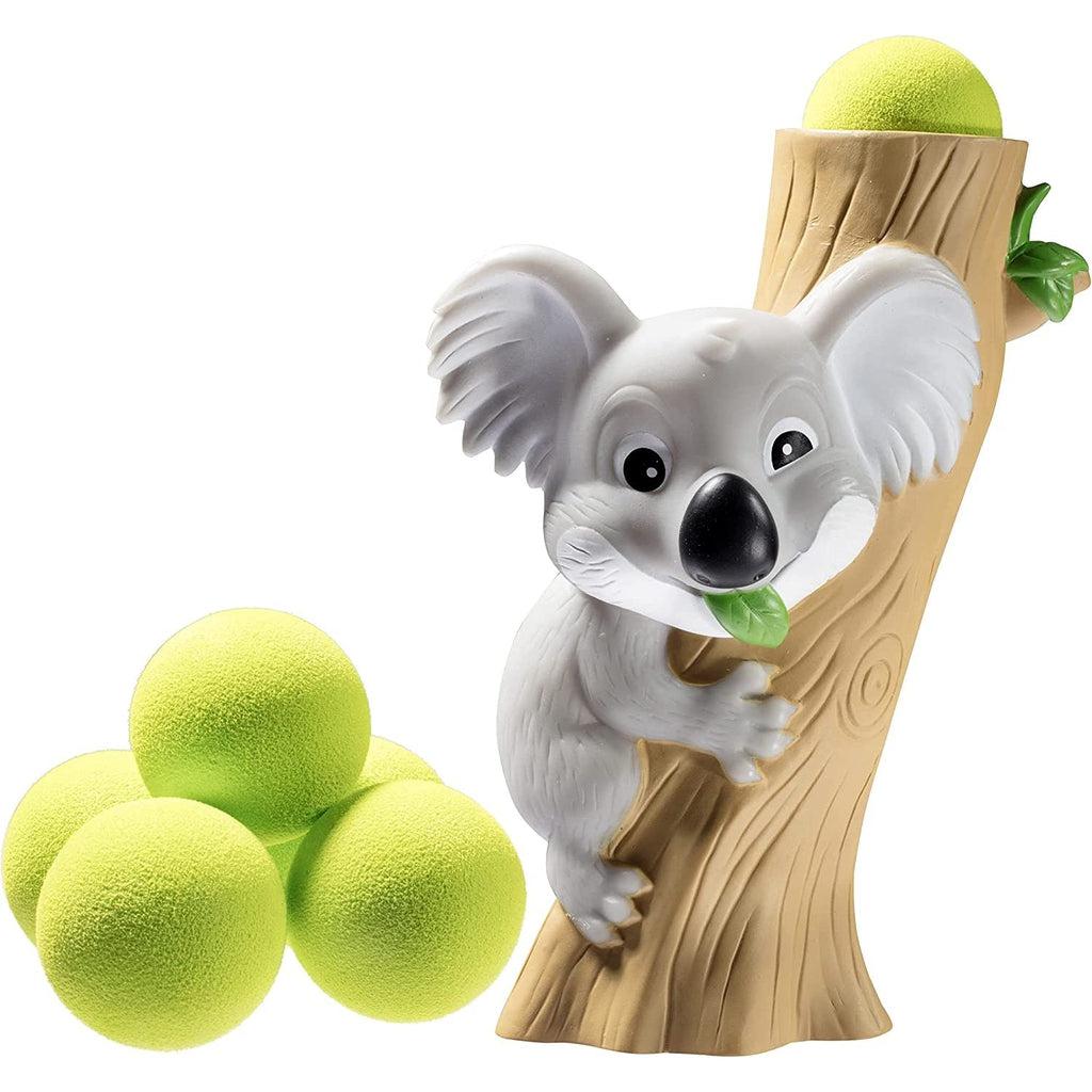 The koala popper is a cartoonish koala eating a leaf and hugging onto a twisting tree trunk. The balls are placed in the top of the tree and fire out when it's squeezed.