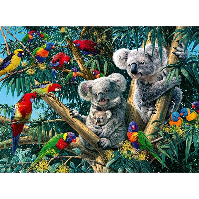 Puzzle image | Two large and one baby koala sit in a treetop surrounded by lots of tropical, colorful birds. | One koala grasps a tree branch while the other sits on a branch holding the small baby koala. 