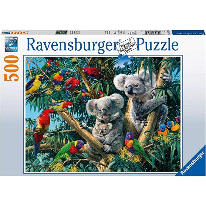 Puzzle box | Image is an illustration of three koalas sitting in the treetop of a tropical forest | 500pcs