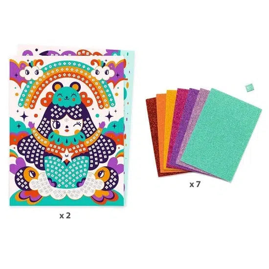 Image of the included pieces in the kit. It includes two mosaics backgrounds and seven sheets of different colors of mosaic stickers.