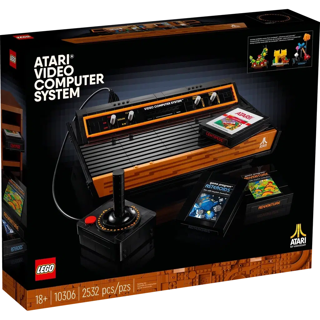 The front of the box shows the Lego Atari Console with a lego controller attached and 3 lego game cartriges of asterioid, adventure, and centipede placed towards the bottom of the console. | Piece count of 2532 and age of 18+ along the bottom.