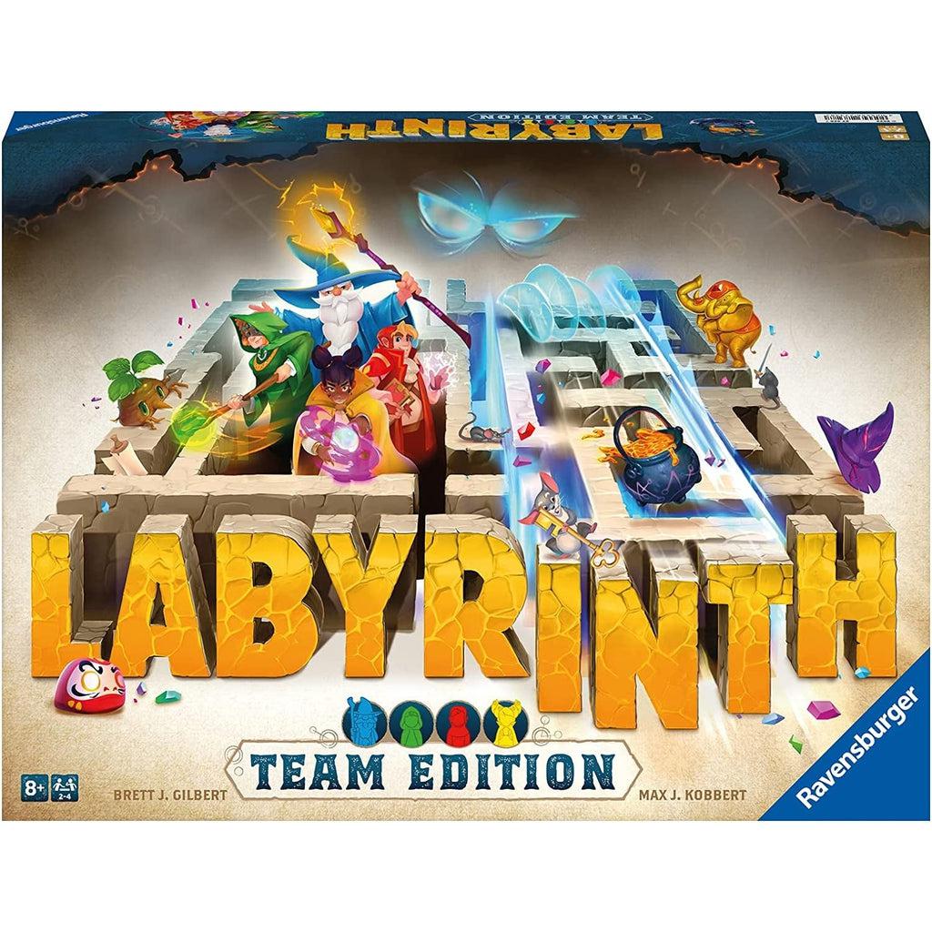 Image of the front of the game box. Shows multiple wizards  showing of their powers while in a labyrinth. There are different items scattered around the maze such as a golden elephant, a mouse holding a key, and a sentient tree sapling.