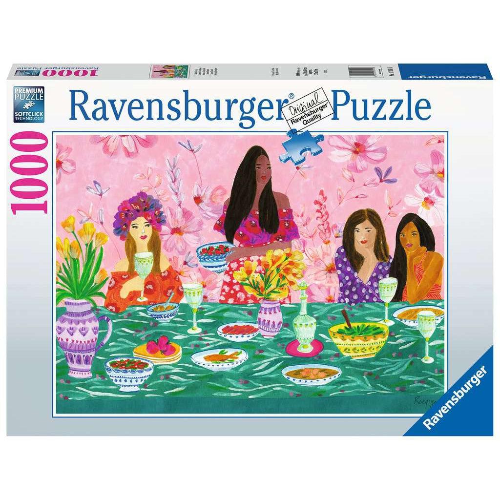 Image of the front of the puzzle box. It has information such as the brand name, Ravensburger, and the piece count (1000pc). In the center of the box is a picture of the finished puzzle. Puzzle described on next image.