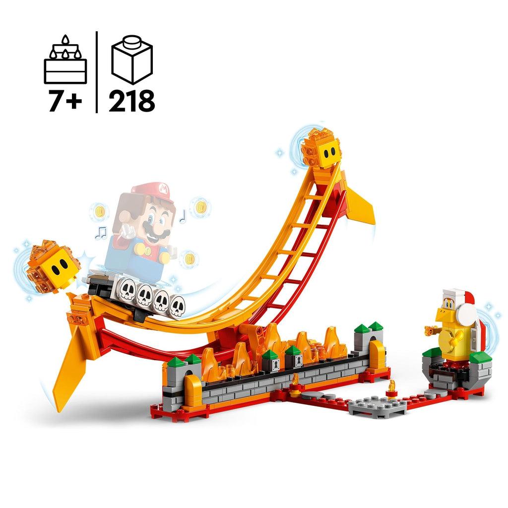 Image shows a ghosted lego mario figure riding the skull platform as this set can be used with the lego super mario starter packs | piece count of 218 and age of 7+ in top left corner