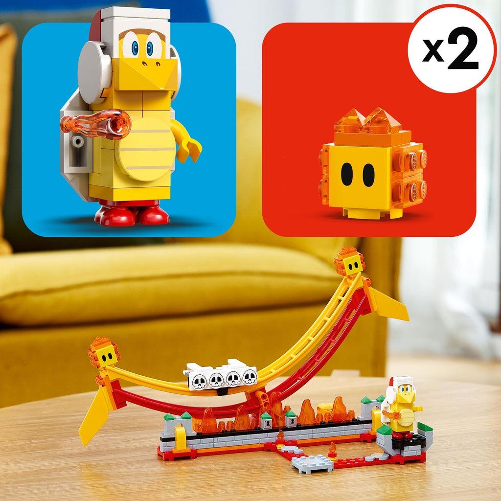 the fireball throwing koopa troopa figure and the fire orb enemies (with a x2 on their square)  are shown in squares at the top above a picture of the lego set displayed on a table