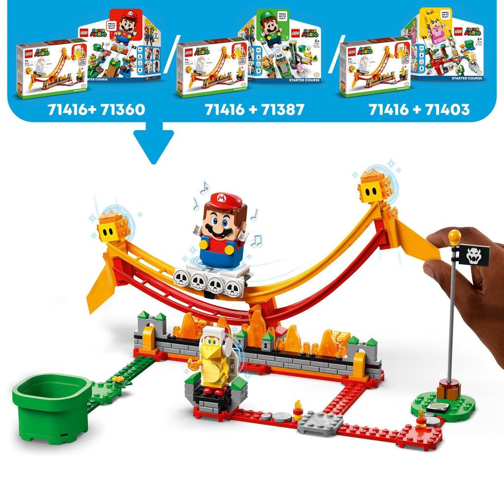 graphic at the top shows that this set can be combined with any of the lego super mario starter sets (the mario, luigi, or peach start set) to combine them into one longer level and use the hero figures for interactive play