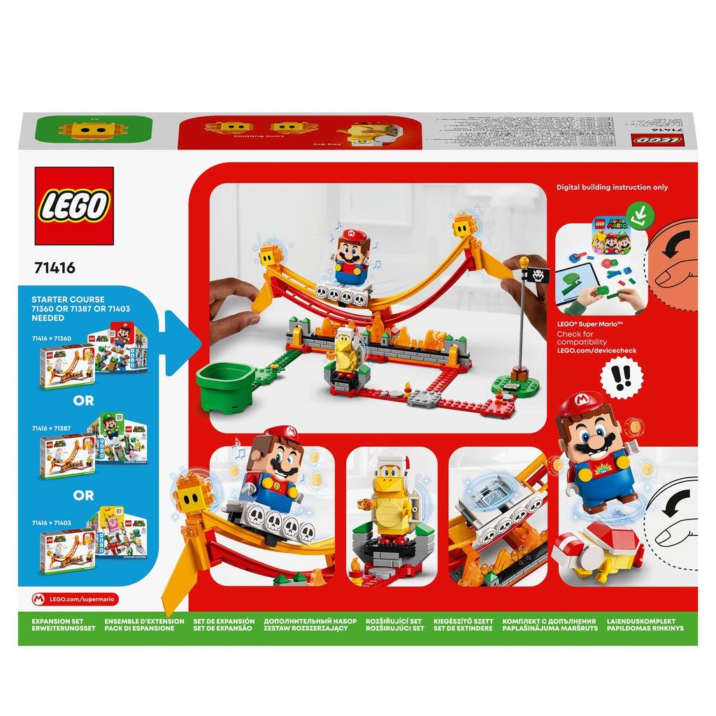 The back of the box shows the full lego set as well as images of the lego mario figure (not included) interacting with this set.