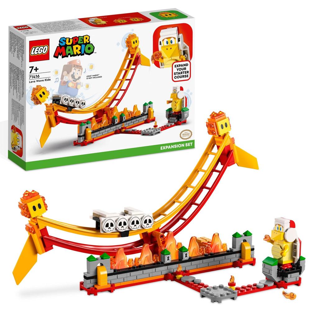 The lego set is shown in front of its box | There is a half pipe rail with a skull platform for characters to ride on, fire orb guys on each side of the rail, and a red koopa troopa down a path from the rail