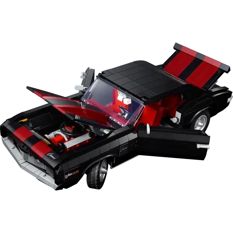 The car is shown with the hood, trunk, and side doors all opened. Inside the hood is a small lego engine block.