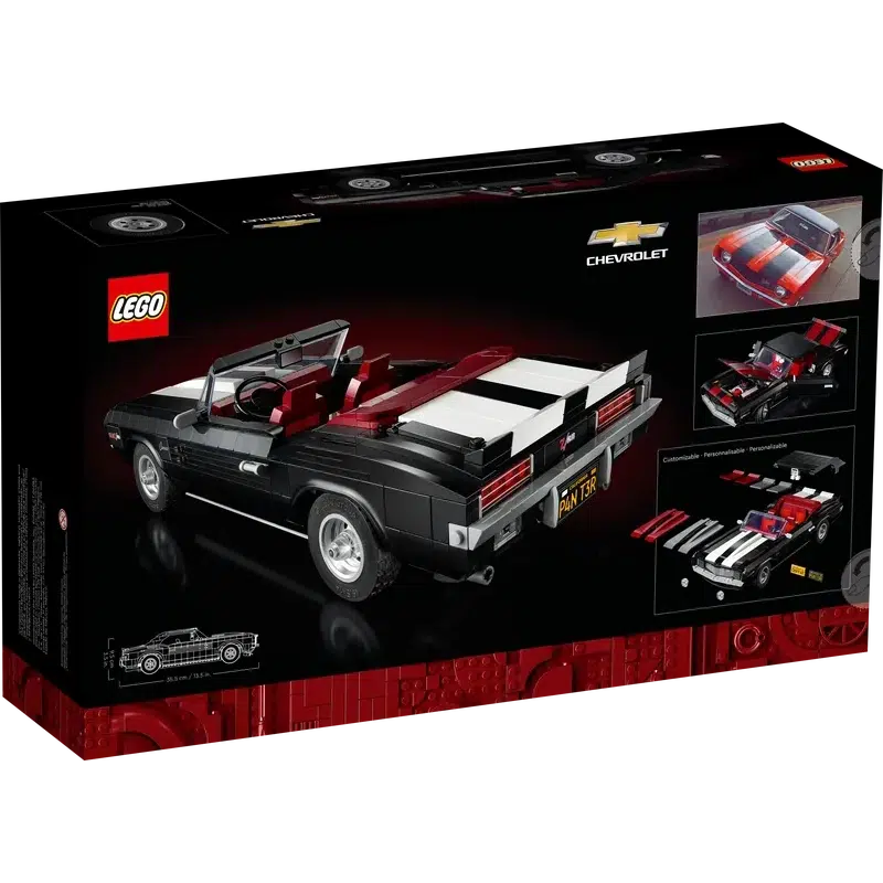The back of the box shows the car from the back left corner. There is an image of a real camaro z/28 1969 in the top right with two other of the previous pictures of the lego model below it