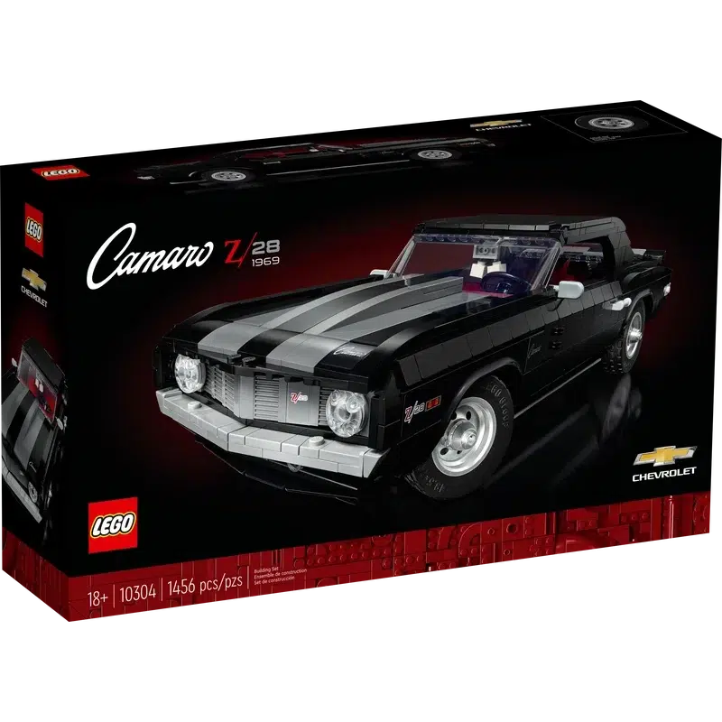 The front of the box shows the lego car from the front left of the car. It's a camaro z/28 1969 with red interior seats and gray racing stripes (stripes customizable) | Piece count of 1456 and age of 18+ along the bottom