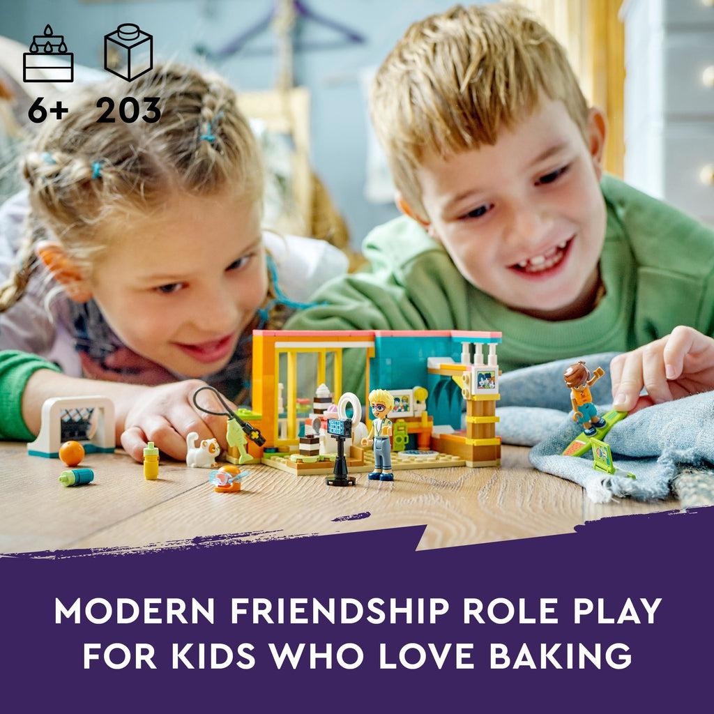 Two kids are shown playing with the lego set on a table | Image reads: Modern friendship role play for kids who love baking.