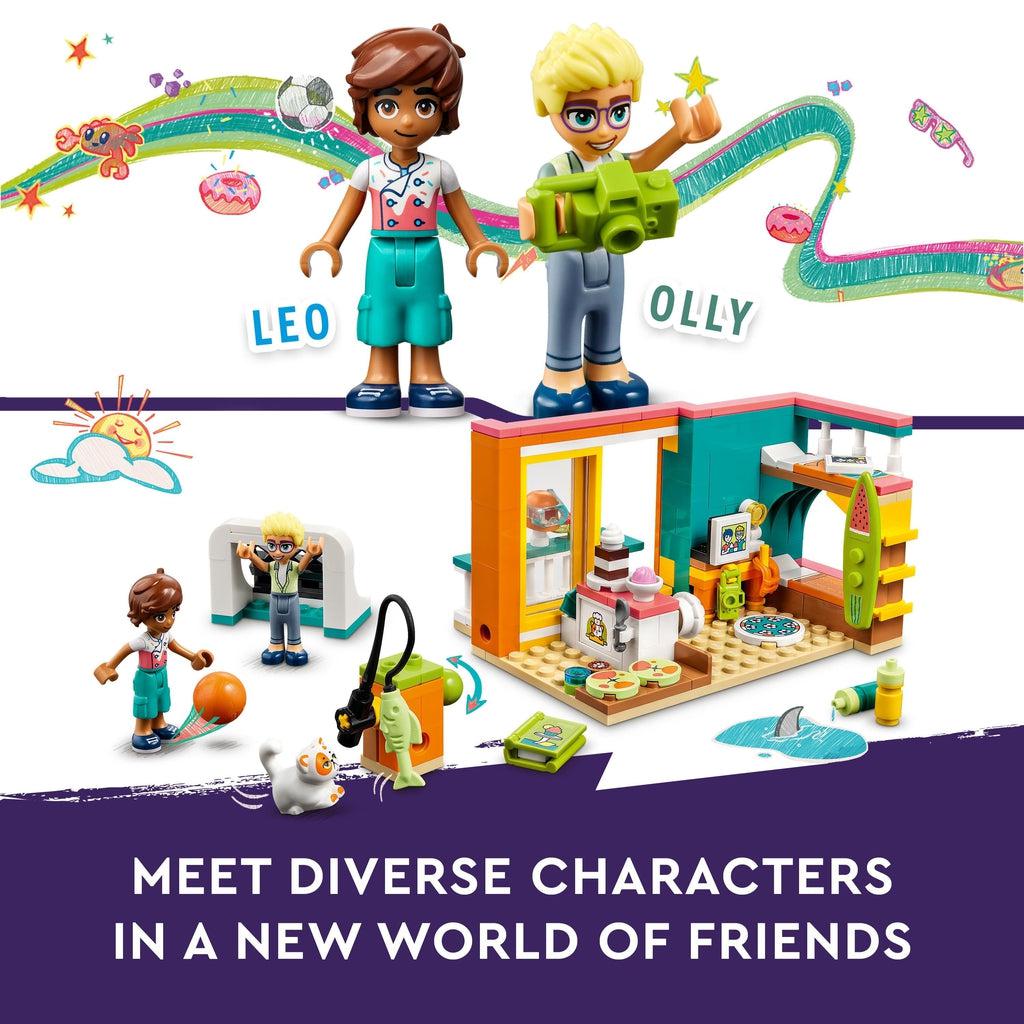 top image shows the two lego friends figures. One in a chefs outfit and the other holding a camera | bottom image, two figures play soccer outside the house | Image reads: Meet diverse characters in a  new world of friends.
