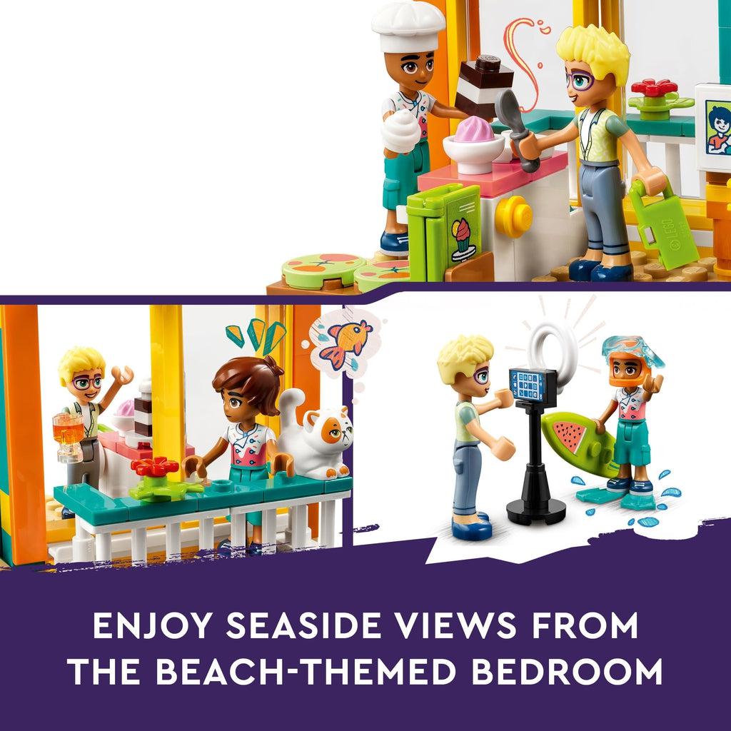 top image shows the two figures serving up ice cream and cake | bottom images show leo on the porch to get the cat inside next to an image of leo in a scuba mask and surfboard being filmed | image reads: Enjoy seaside views from the beach themed bedroom.
