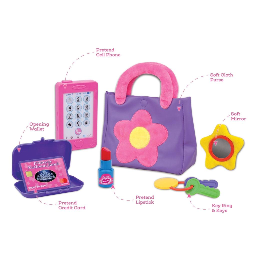 this image shows the soft mirror, key ring and keys, pretend lipstick, pretend credit card, opening wallet, pretend cell phone and the soft cloth purse