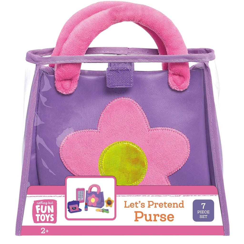 this image shows the prend purse, its a purple color with a pink flower in the center, made of soft material. 