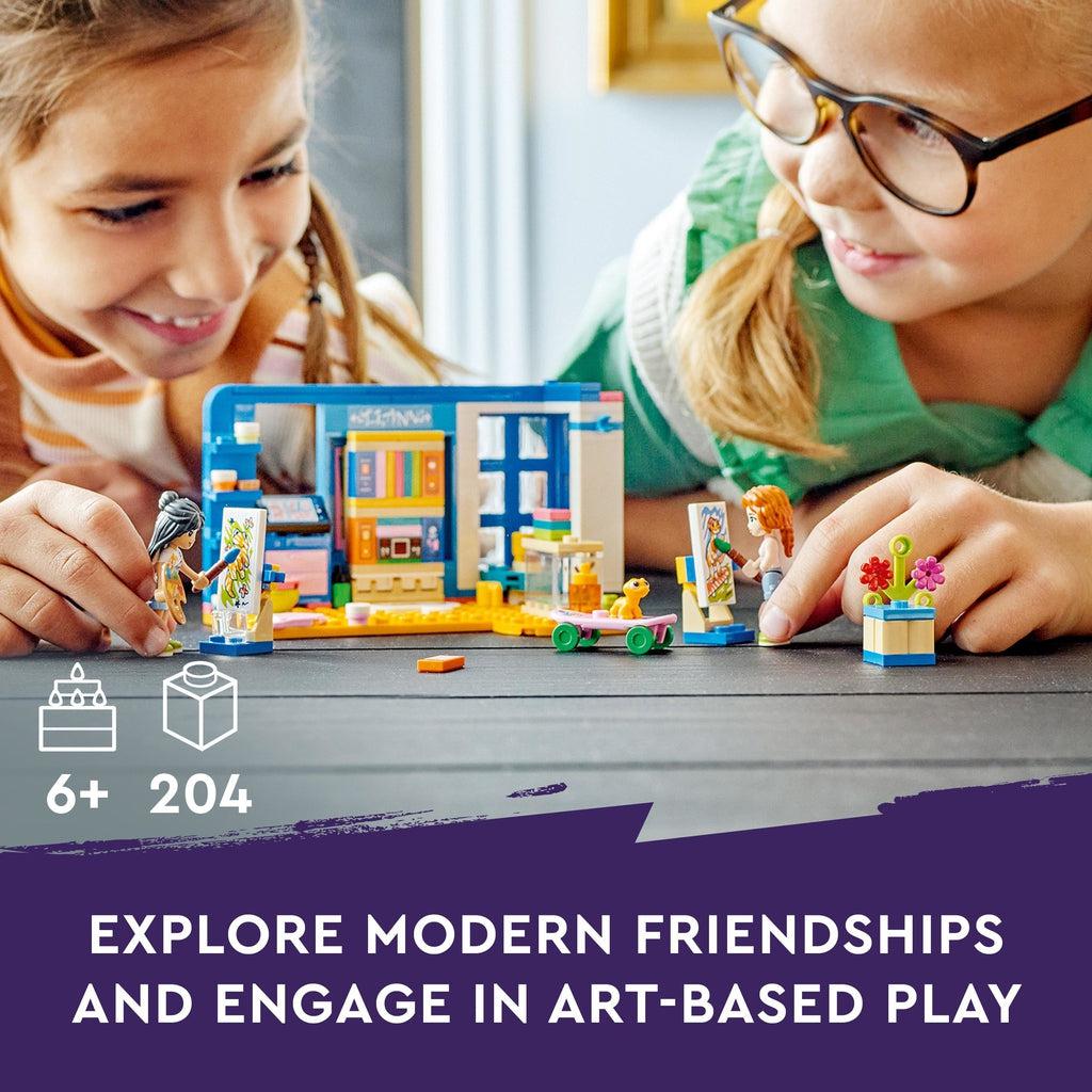 Image shows to girls playing with the lego set | piece count of 204 and age recommendation of 6+ in bottom left | Image reads: Explore modern friendships and engage in art-based play