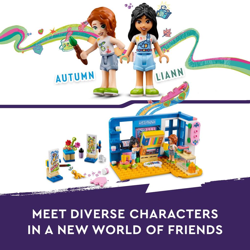 top image shows the two lego friends characters autumn and liann dressed to paint | bottom image shows the two characters in the lego room with easels and art supplies to the left. | image reads: meet diverse characters in a new world of friends