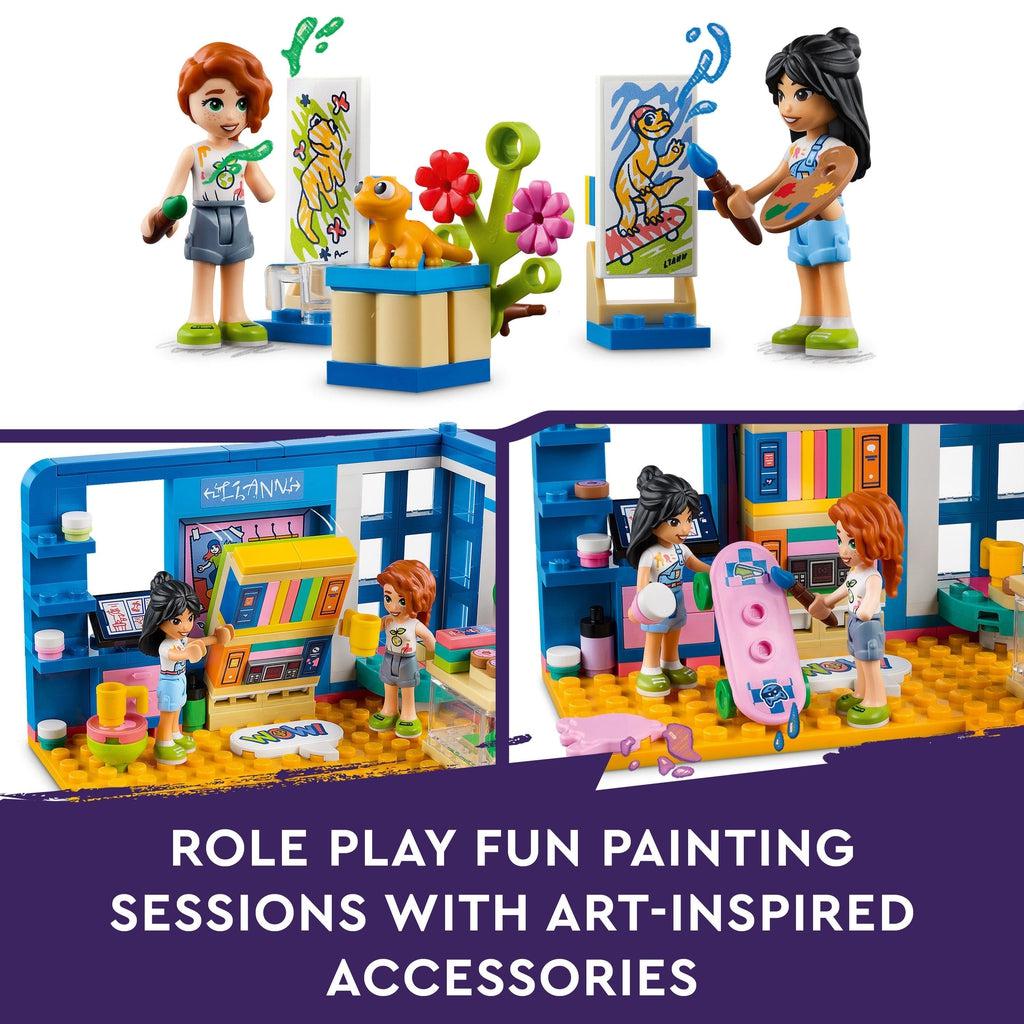 Top image shows both characters in front of their own easel with a painting | bottom left shows the characters lifting the bed to reveal a bookshelf under | bottom right shows them painting a skateboard | image reads: role play fun painting sessions with art-inspired accessories.