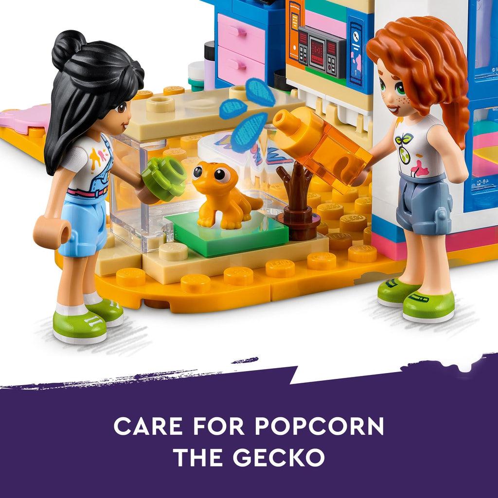 Image shows characters watering and feeding the little lego gecko in it's cage | image reads: care for popcorn the gecko