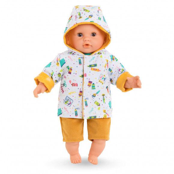 A doll is shown wearing the raincoat reversed so the white side is showing