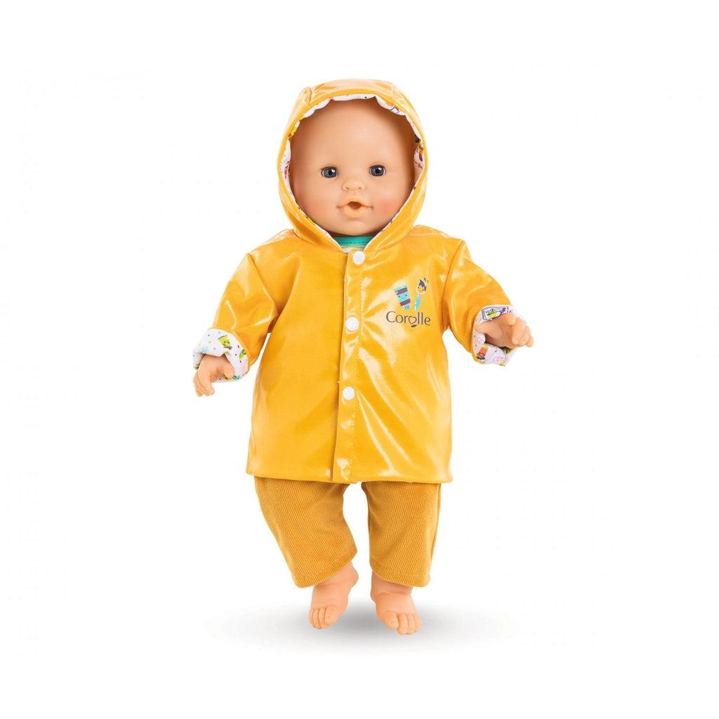 a baby doll is shown wearing the coat with the yellow side facing out.