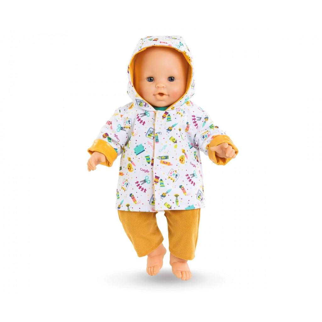 a baby doll is shown wearing the raincoat with the white side facing out