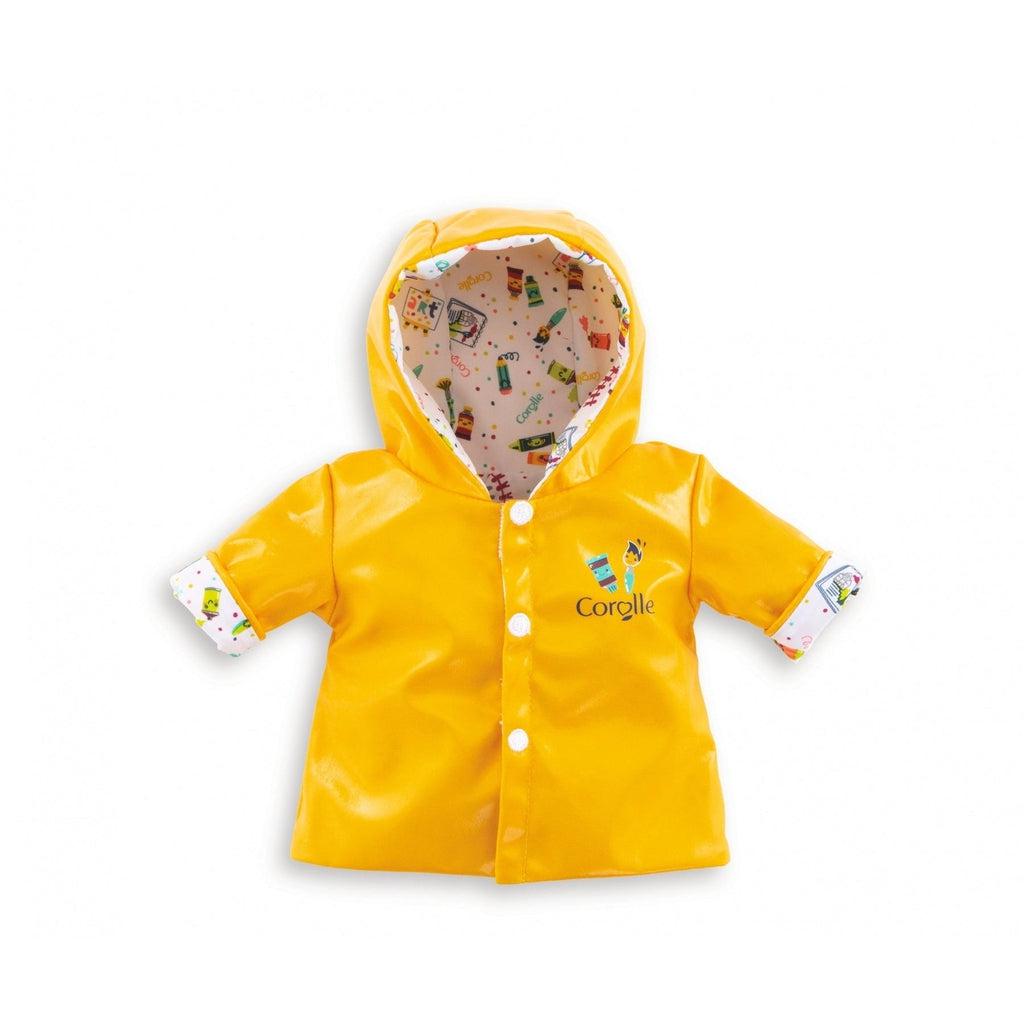 The outside of the raincoat is styled like a normal yellow rubber rain coat, the inside and the sleeve cuffs are white with cartoon art supplies printed all over