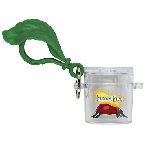 The bug keeper is a little clear plastic jar with a ventilated lid and a leaf styled carabiner clip for attaching to belts or bags.