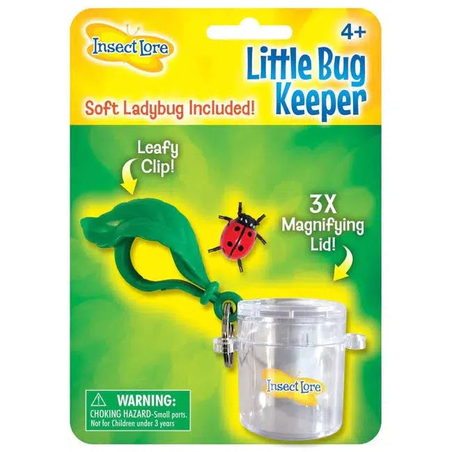 The bug keeper comes in a blister card package. The package reads: Little bug keeper, Soft ladybug included, leafy clip, and 3x magnifying lid.