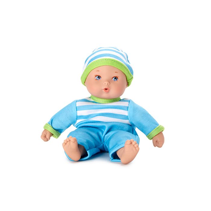 Doll with light skin tone. | Doll is wearing a blue and white striped hat with green edge. Doll has on a blue jumper with a blue and white striped panel and green edging on the sleeves.