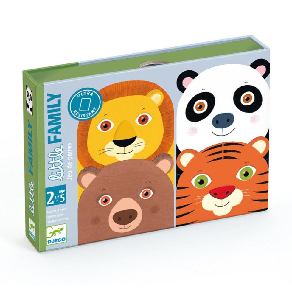 Image of the packaging for the Little Family Card Game. On the front is a picture of four of the animal card included in the game.