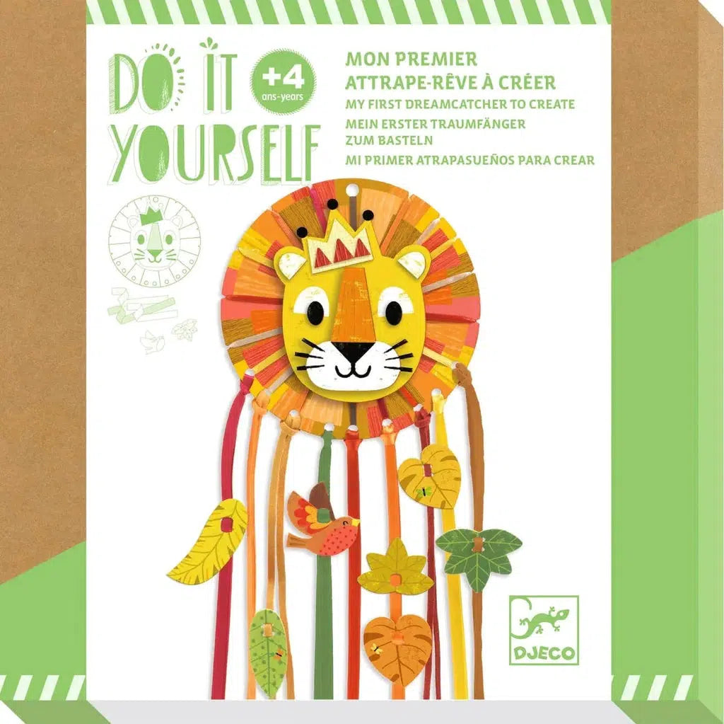 Image of the packaging for the Little Lion Dreamcatcher craft kit. On the front is a picture of a possible finished product.